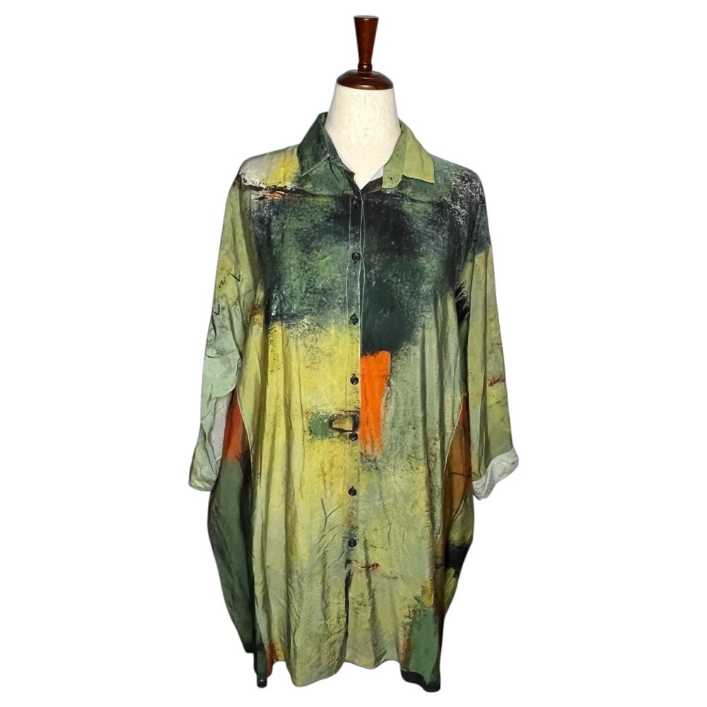 3 Potato Tunic Women M/L Green Oversized Lagenlook Boho Painterly Art Wear